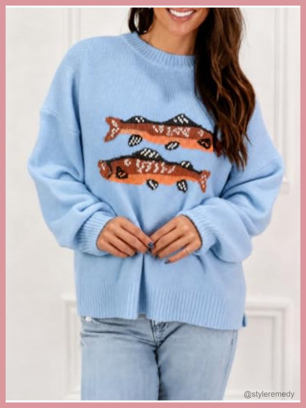 Women's Fish Graphic Sweater Long Sleeve Crew Neck Pullover Casual Knit - Picture 3 of 6